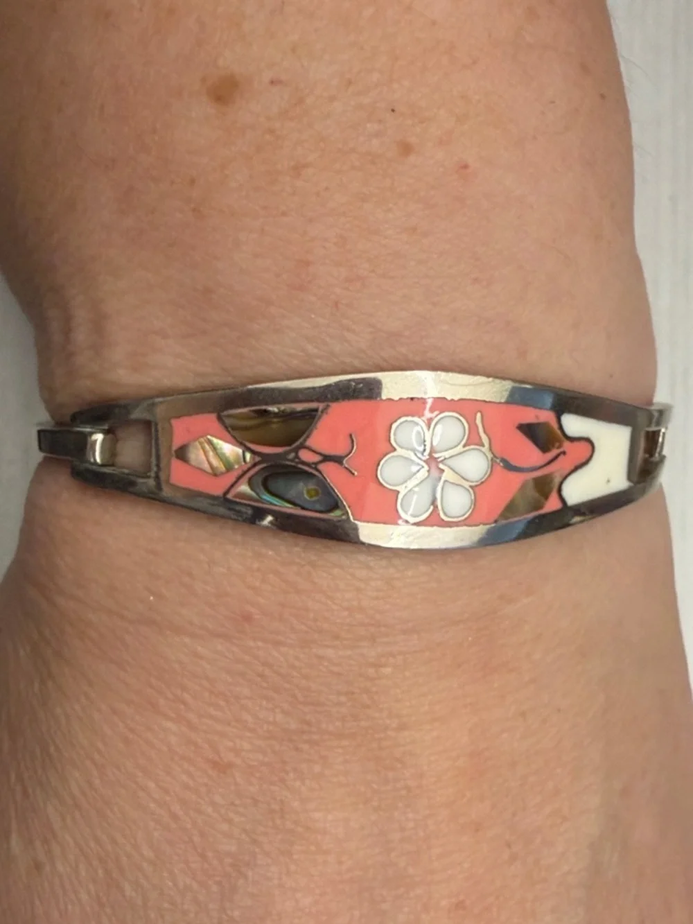 Silver-tone Floral Inlay Bracelet - Coral and White